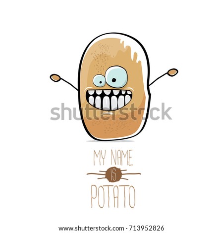 vector funny cartoon cute brown smiling tiny potato  isolated on white background. My name is potato vector concept. vegetable funky character 