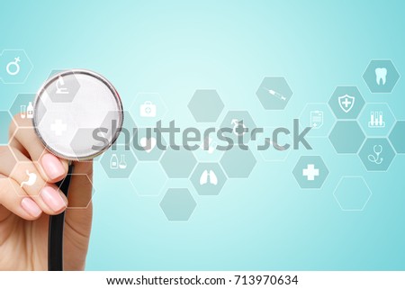 Medical technology and healthcare  concept. Medicine doctor working with modern computer. Icons on virtual screen . 