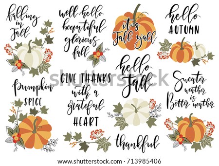 Set of autumn vector illustration with hand lettering. Trendy color palette and black ink calligraphy. Cute typography elements.