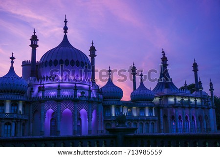 Brighton Royal Pavilion at sunset, Brighton and Hove, UK Royalty-Free Stock Photo #713985559