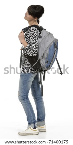 young student with his backpack, the picture is done in studio, isolated on white