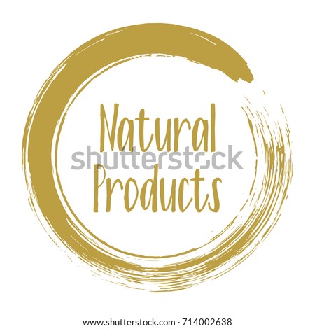 Natural products icon, package label vector graphic design. Natural origination and ingredients products label, sign, round stamp isolated clip art, circle tag or sticker vector emblem.