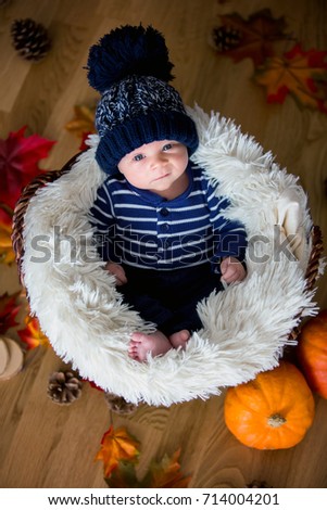 Cute newborn baby boy with blue knitted hat in a basket, pumpkins, leaves and pines around him, autumn Halloween concept