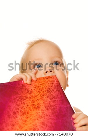 Adorable baby with a gift box isolated on white background
