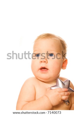 Beautiful baby with a silver star isolated on white background