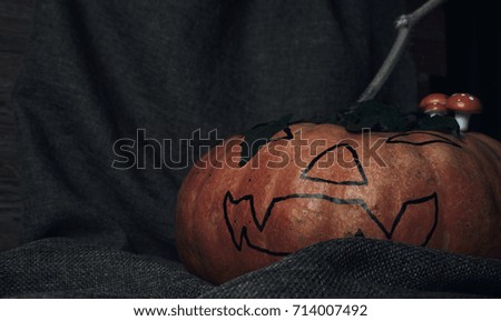 Funny pumpkin with a terrible face. Lies on the fabric
