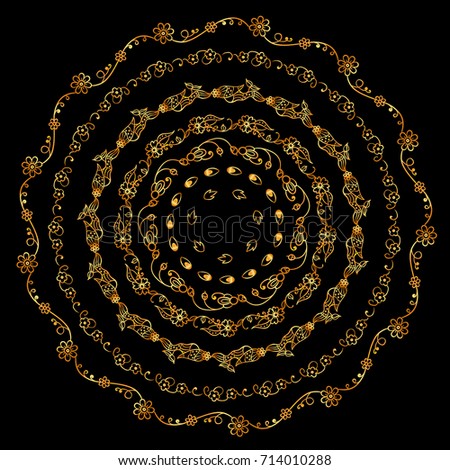 Beautiful vector art on black background. Boho, tribal, ethnic design, premium shining gold colored mandala. Abstract round lace, different elements in each art