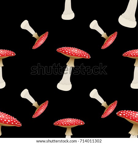 Mushroom seamless pattern on black background. Red agaric, white dots. Vector illustration