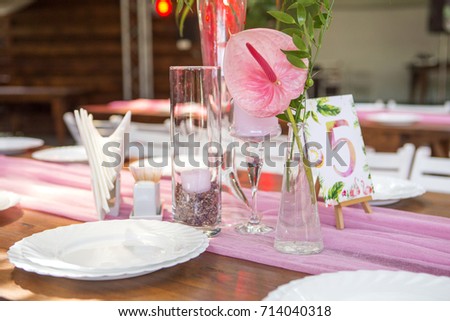Decoration for a wedding ceremony on a back yard with tables, plates, and vases full of anthurium flowers and monstera leafs. Pink and green colors. Space for text