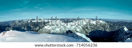 Panoramic view of the north side. View from the mountain hut Kredarica. Winter in Julian Alps, Slovenia, Europe.