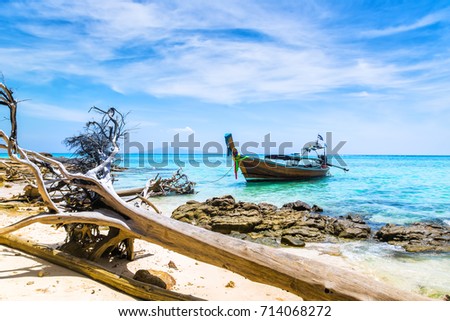 Amazing view of beautiful beach on the island with longtale boat. Dry trees - the consequences of a hurricane. Location: Krabi Province, Thailand, Andaman Sea. Artistic picture. Beauty world.