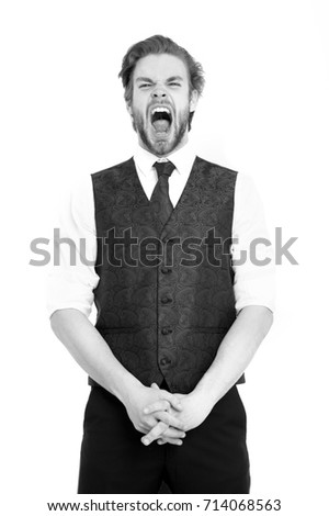businessman, bearded man or shouting gentleman in waistcoat and tie isolated on white background, businessman and student, elegance and fashion