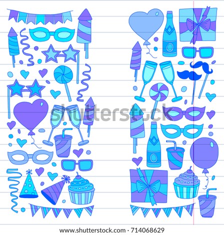 Kids party Children drawing Birthday party with balloons, mask, gifts, food, cupcakes Doodle set with vector icons