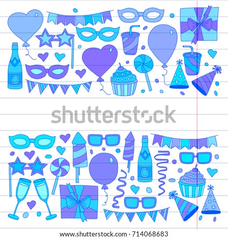 Kids party Children drawing Birthday party with balloons, mask, gifts, food, cupcakes Doodle set with vector icons