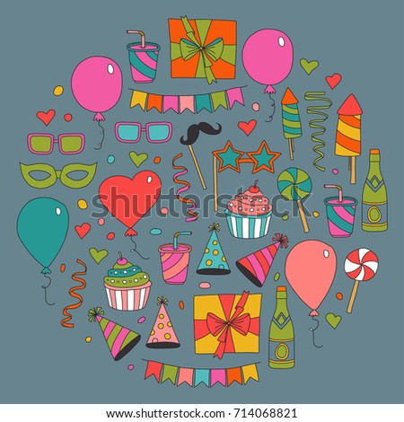 Set of birthday party design elements. Kids drawing. Doodle icons Colorful balloons, flags, confetti, cupcakes, gifts, candles, bows and decorative ribbons. Vector illustration