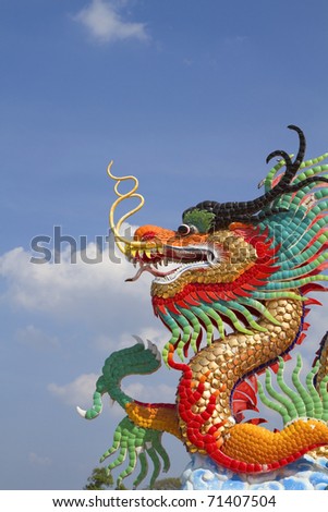 Pictures painted golden dragon smoke at the sky.
