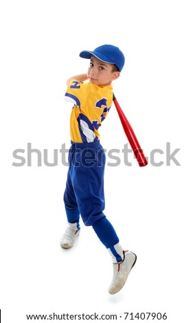 A young child wearing a baseball or softball uniform swinging a bat on a white background.
