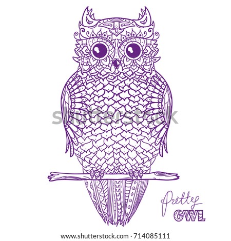 Owl. Design Zentangle. Hand drawn owl with abstract patterns on isolation background. Design for spiritual relaxation for adults. Illustration for coloring. Zen art. Print for polygraphy and textiles