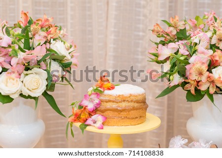 Close up picture of delicious cake made with milk candy for woman party