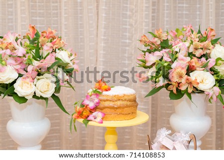 Front picture of delicious cake made with milk candy for woman party