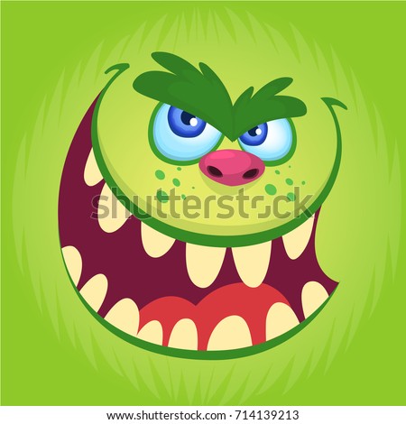 Cartoon monster face isolated . Vector Halloween happy monster square avatar. Funny troll, gremlin or goblin face