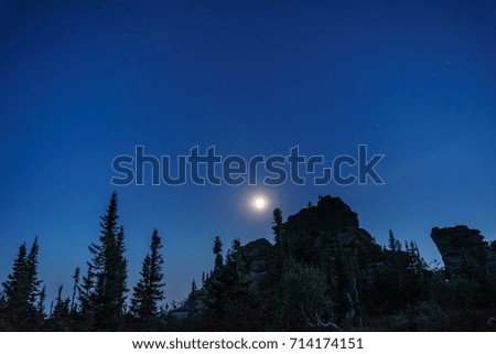 Stars and the moon against the backdrop of silhouettes of trees and rocks