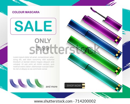 Vector 3D cosmetic illustration mascara make up product. Package design with bottle. Black Sale Ads concept, magazine or catalog template design on commercial background