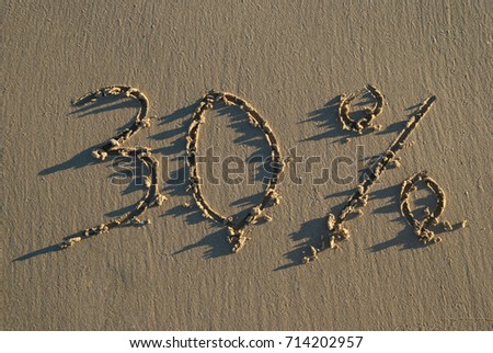 30 Percent Discount Sign on Sand Background, Special Offer 30% Discount Tag Sale, Beach