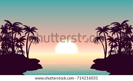 sunrise over ocean and tropical shore vector illustration.palm tree silhouettes,sun and sea