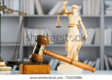 Law symbols on law books background
