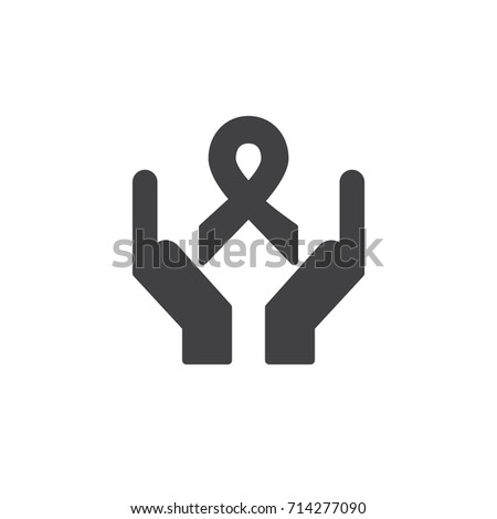 Hands with cancer award ribbon icon vector, filled flat sign, solid pictogram isolated on white. Charity symbol, logo illustration