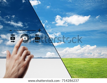 Hand using abstract digital camera interface on beautiful landscape backgrounds. Image concept 
