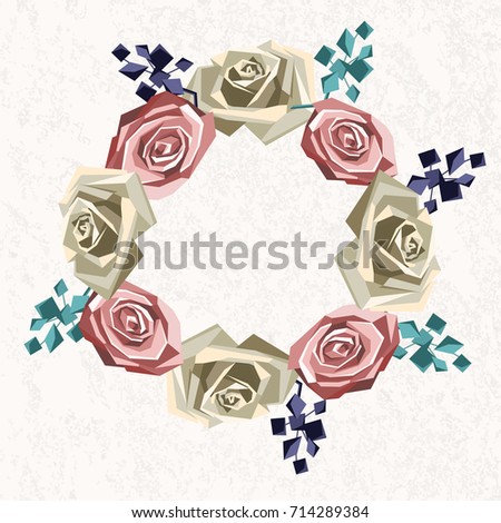 Flower wreathes consisting of roses and decorative branches in low poly style. Vector illustration. Light textured background