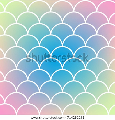 Fish scale on trendy gradient background. Square backdrop with fish scale ornament. Bright color transitions. Mermaid tail banner and invitation. Underwater and sea pattern. Blue, yellow, pink colors.
