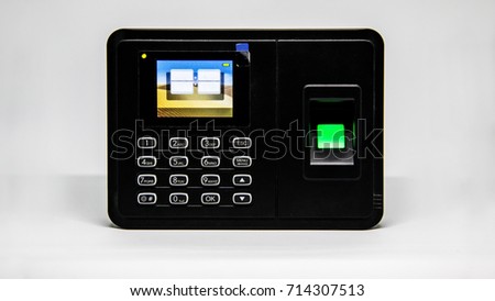 Black biometric scan with fingerprint sensor and digital screen for staff isolated on white background.