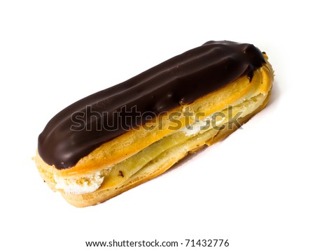 Cake eclair, decorated chocolate. Isolated on white background.