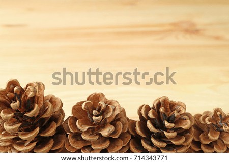 Closed up natural dry pine cones lined up on light brown wooden table, blurred background with free space for text and design 