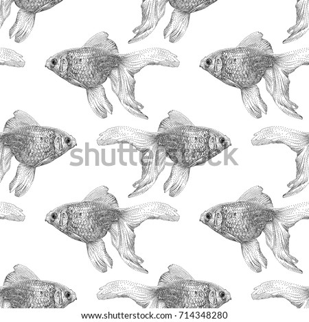 Vector seamless pattern with goldfish isolated on white background drawn by hand. Graphic drawing, pointillism technique. Underwater world. Black and white animal illustration