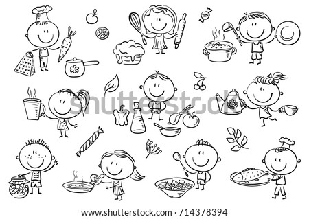 A set ot funny sketchy kids cooking different food.