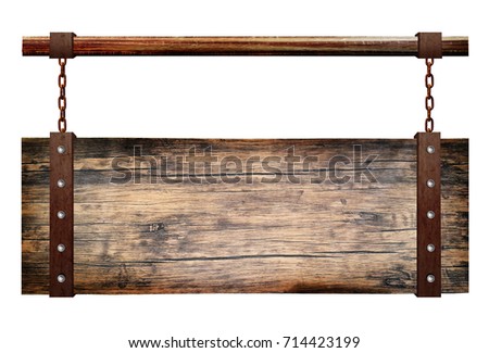 Blank Wooden signboard hanging on white. sign wood Medieval style.