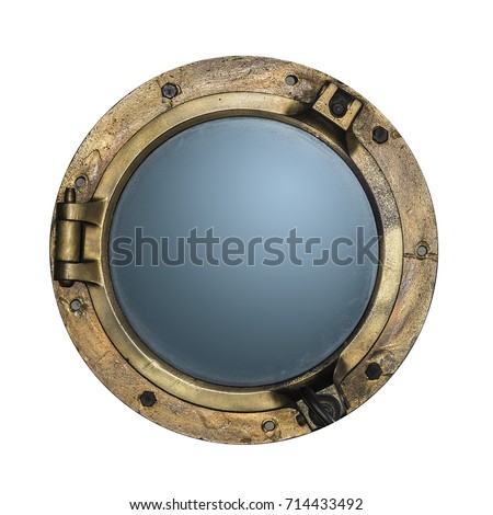Golden ship porthole window isolated on white. Royalty-Free Stock Photo #714433492