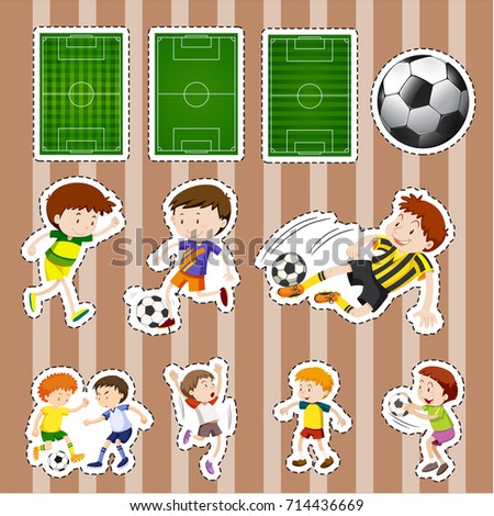 Sticker design for soccer players and fields illustration