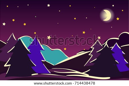 Vector dreamy night landscape, winter scenery banner, Christmas or new year illustration. Hand painted starry night sky twilight forest at night. Outdoor, adventure, travel, holidays panorama design.