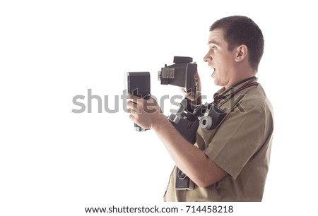 surprised man taking photos with white background   