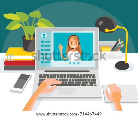 Conversation videoconference talk over video chat. Front view picture illustration of office manager workplace, working place, desk and laptop and someones worker user hands. 