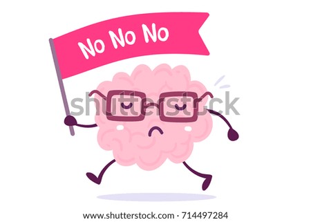 Vector illustration of pink color human brain with glasses goes with the flag on white background. Protest cartoon brain concept. Doodle style. Flat style design of character brain for training theme