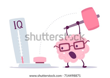 Vector illustration of pink color human brain with glasses hits with a hammer to measure level iq on white background. Strong cartoon brain concept. Doodle style. Flat style design of character brain Royalty-Free Stock Photo #714498871