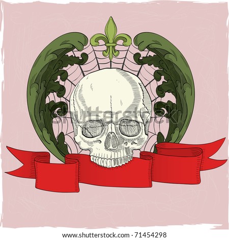 The image with human skull, red ribbon and acunthus