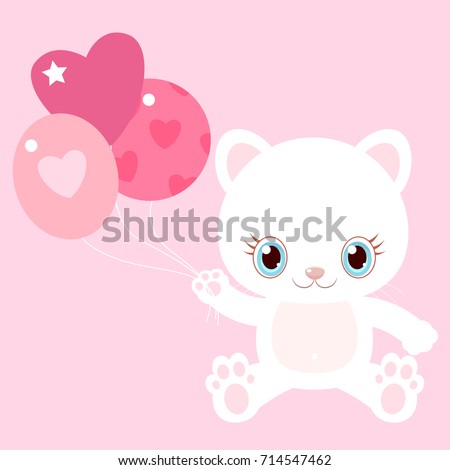 Nice white cat with balloons.. Little kitty. Children's character. Valentine's Day.