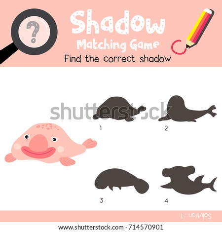 Shadow matching game of Happy pink Blobfish animals for preschool kids activity worksheet colorful version. Vector Illustration.